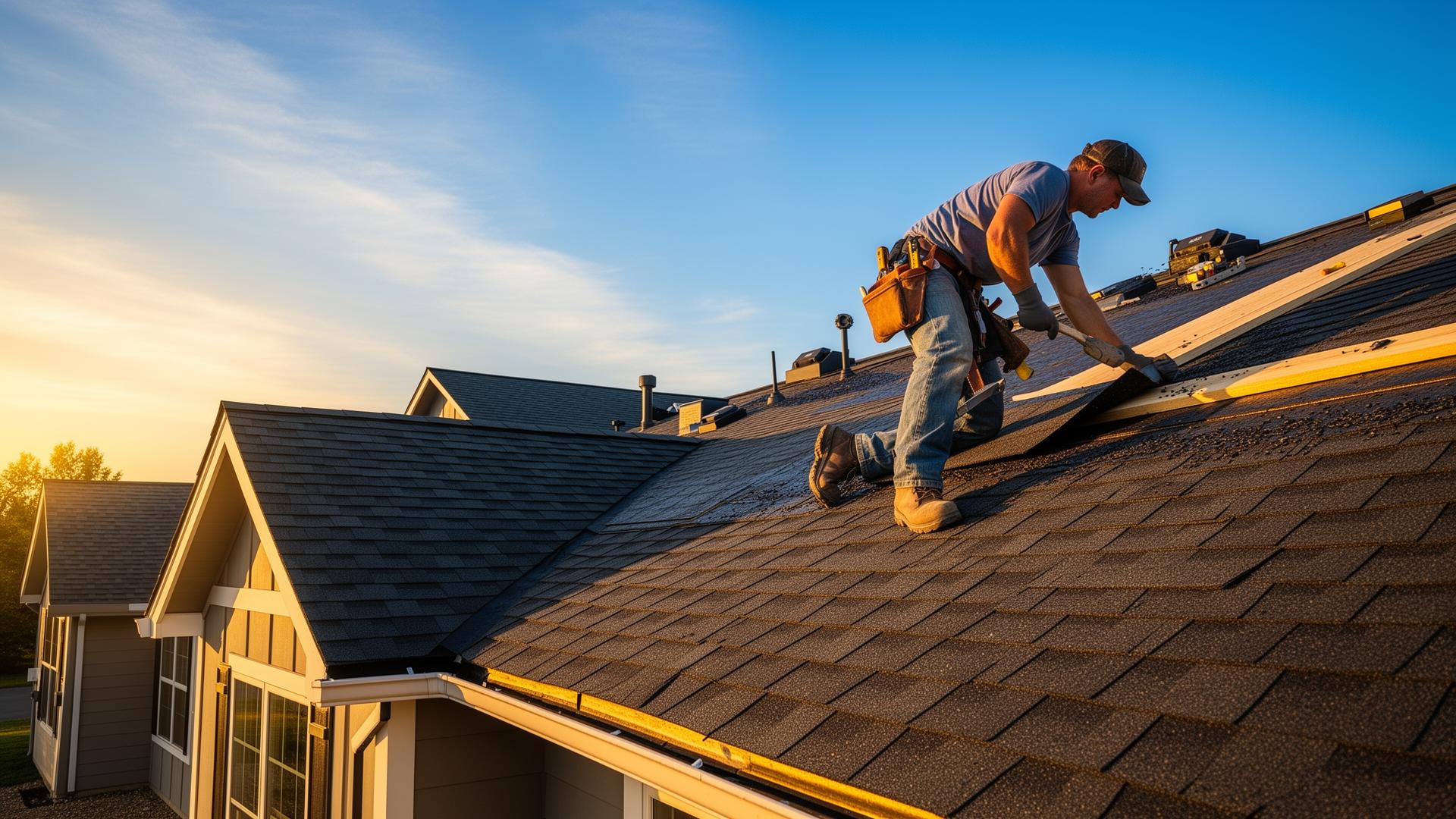 Licensed local roofing contractor installing asphalt shingles during a residential roof replacement and new roof installation project